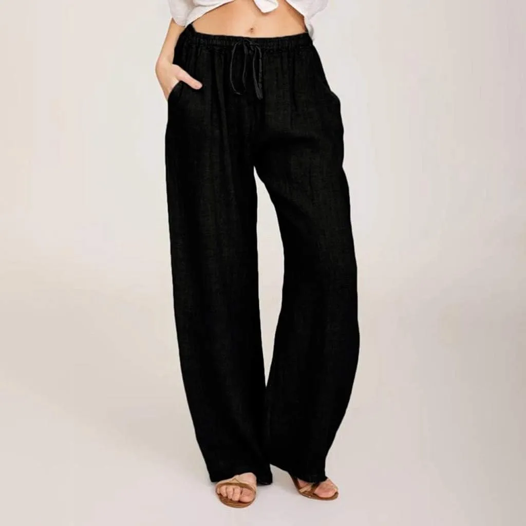 Womens Linen Pants Casual Elastic High Waisted Drawstring Palazzo Pant Trendy Wide Leg Beach Trousers with Pockets
