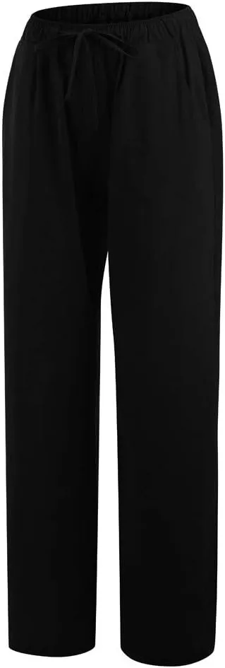 Womens Linen Pants Casual Elastic High Waisted Drawstring Palazzo Pant Trendy Wide Leg Beach Trousers with Pockets