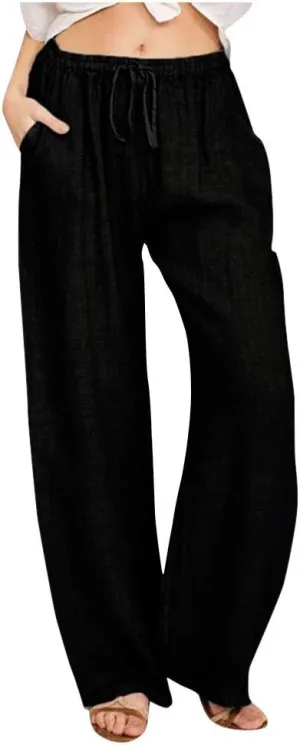 Womens Linen Pants Casual Elastic High Waisted Drawstring Palazzo Pant Trendy Wide Leg Beach Trousers with Pockets