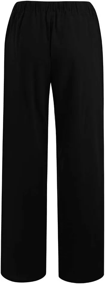 Womens Linen Pants Casual Elastic High Waisted Drawstring Palazzo Pant Trendy Wide Leg Beach Trousers with Pockets