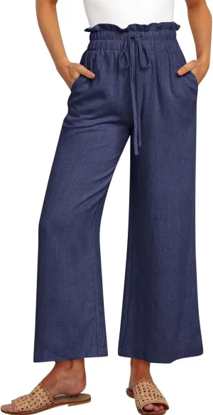 Women's Linen Pants Elastic Waist Casual Beach Trendy Wide Leg Summer Palazzo Trousers with Pockets