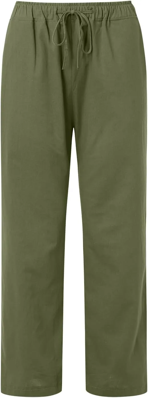 Womens Linen Pants Summer Beach Wide Leg Palazzo Pants Cotton Drawstring High Waisted Pants Lightweight Dressy Work Trousers