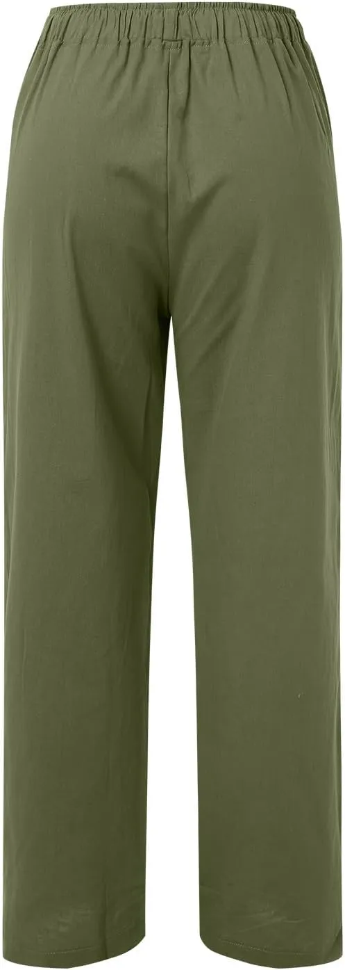 Womens Linen Pants Summer Beach Wide Leg Palazzo Pants Cotton Drawstring High Waisted Pants Lightweight Dressy Work Trousers