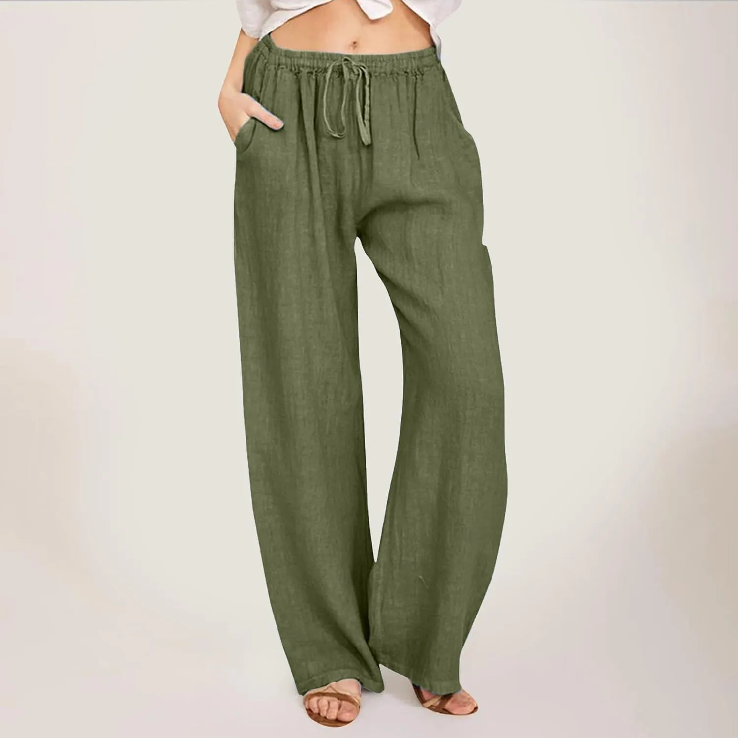 Womens Linen Pants Summer Beach Wide Leg Palazzo Pants Cotton Drawstring High Waisted Pants Lightweight Dressy Work Trousers
