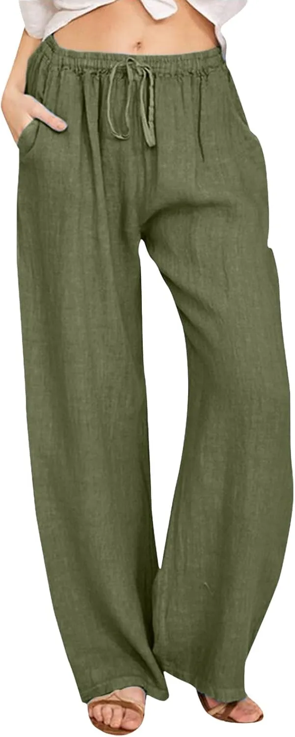 Womens Linen Pants Summer Beach Wide Leg Palazzo Pants Cotton Drawstring High Waisted Pants Lightweight Dressy Work Trousers
