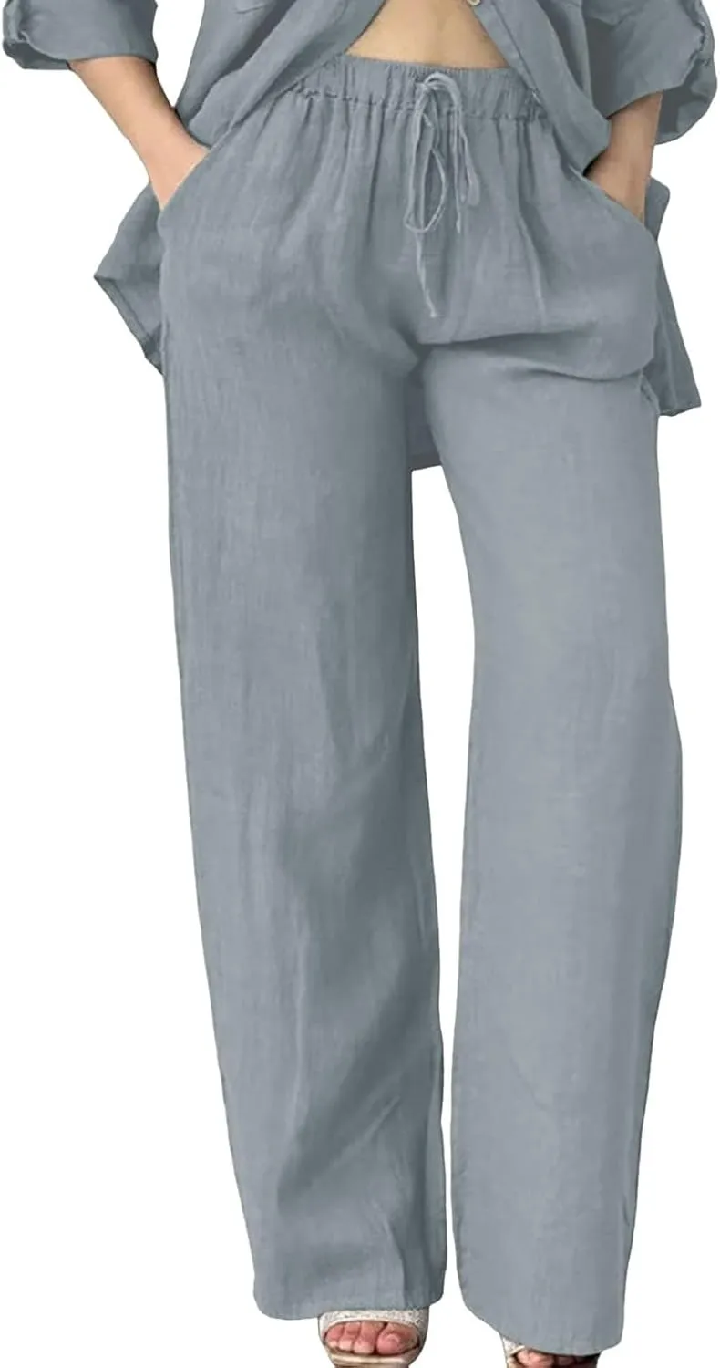 Womens Linen Pants Summer Boho Lightweight High Waist Palazzo Pants Straight Leg Lounge Trousers with Pockets