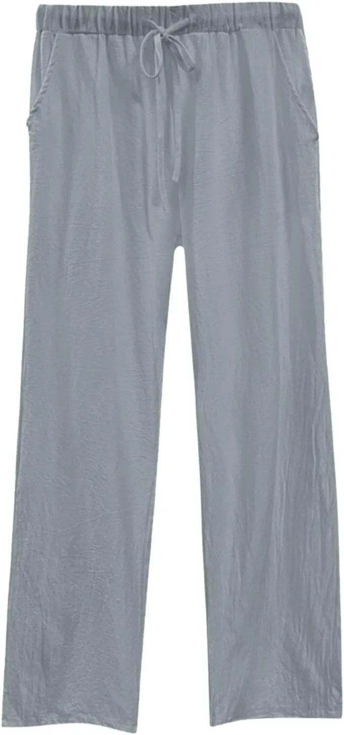 Womens Linen Pants Summer Boho Lightweight High Waist Palazzo Pants Straight Leg Lounge Trousers with Pockets