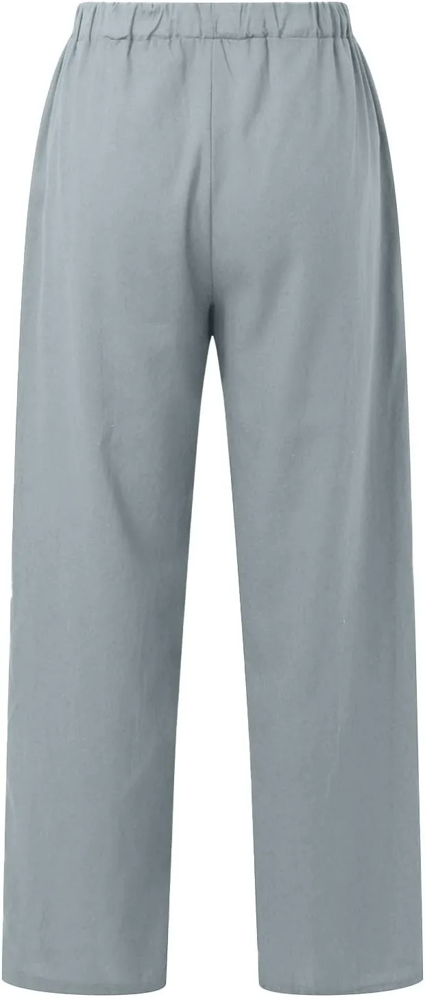 Womens Linen Pants Summer Boho Lightweight High Waist Palazzo Pants Straight Leg Lounge Trousers with Pockets