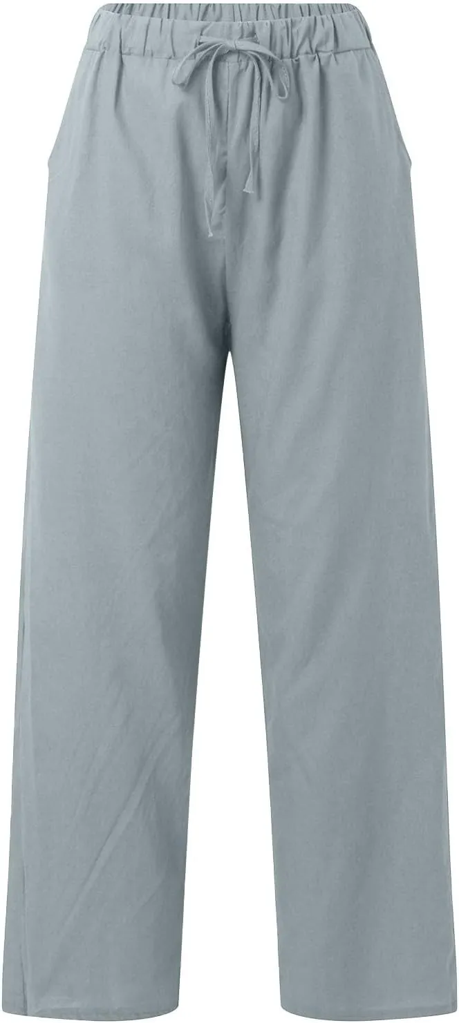 Womens Linen Pants Summer Boho Lightweight High Waist Palazzo Pants Straight Leg Lounge Trousers with Pockets