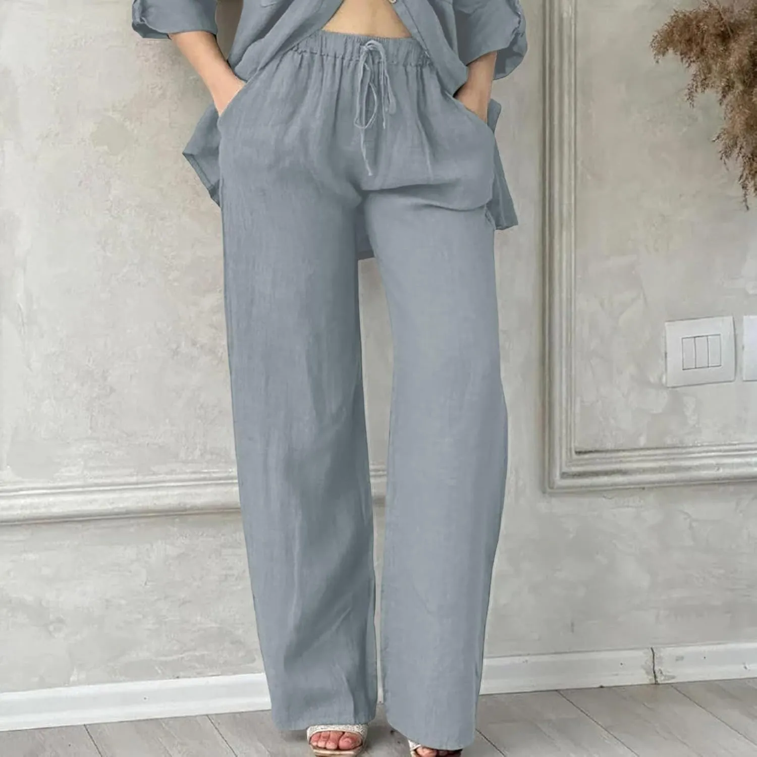 Womens Linen Pants Summer Boho Lightweight High Waist Palazzo Pants Straight Leg Lounge Trousers with Pockets
