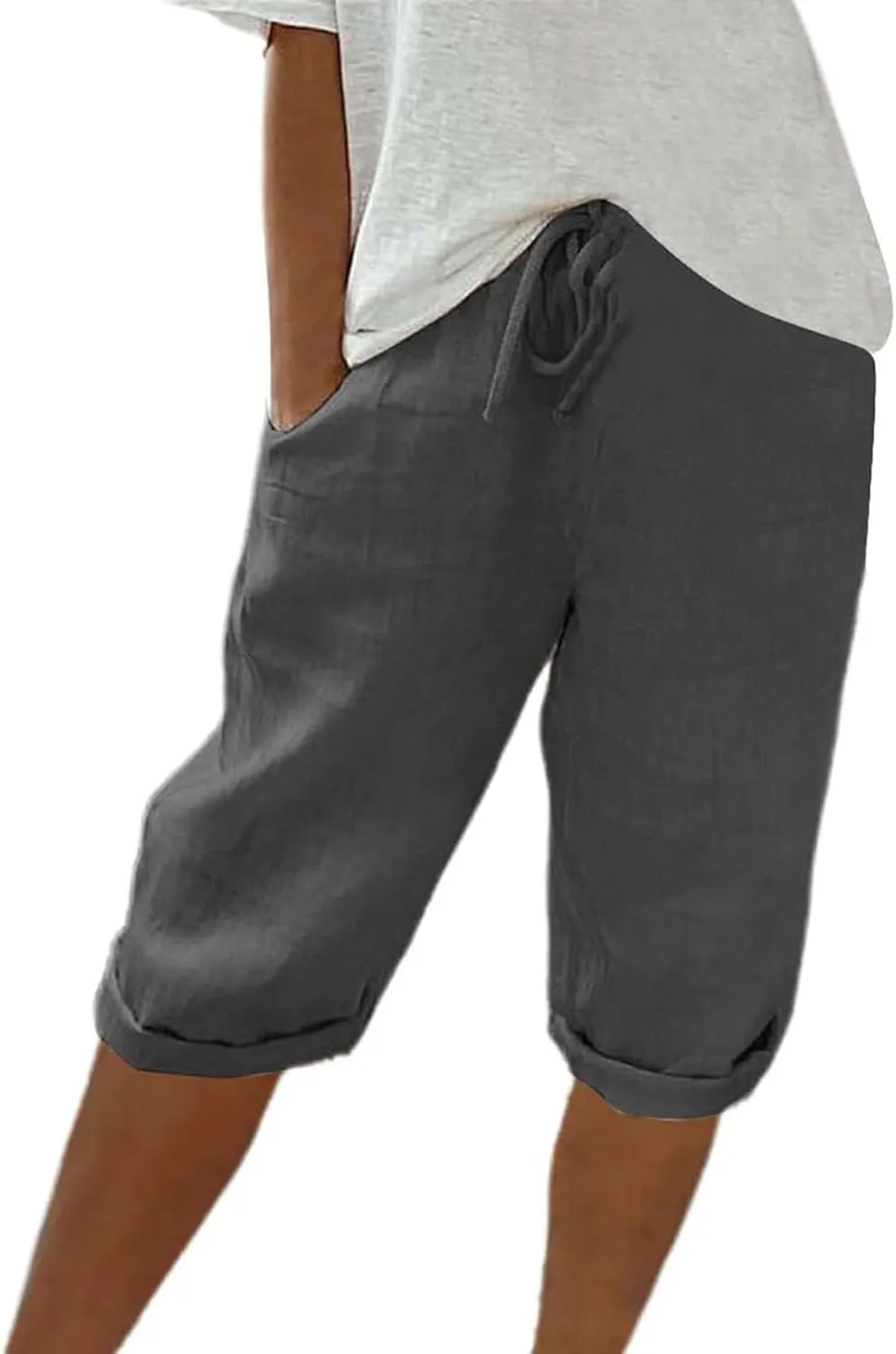 Womens Linen Pants White Drawstring Summer Cotton Capri Pants for Women Stretch Loose Petite Short Capris Cargo