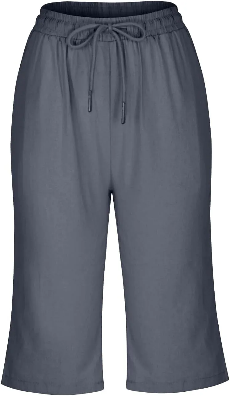 Womens Linen Pants White Drawstring Summer Cotton Capri Pants for Women Stretch Loose Petite Short Capris Cargo