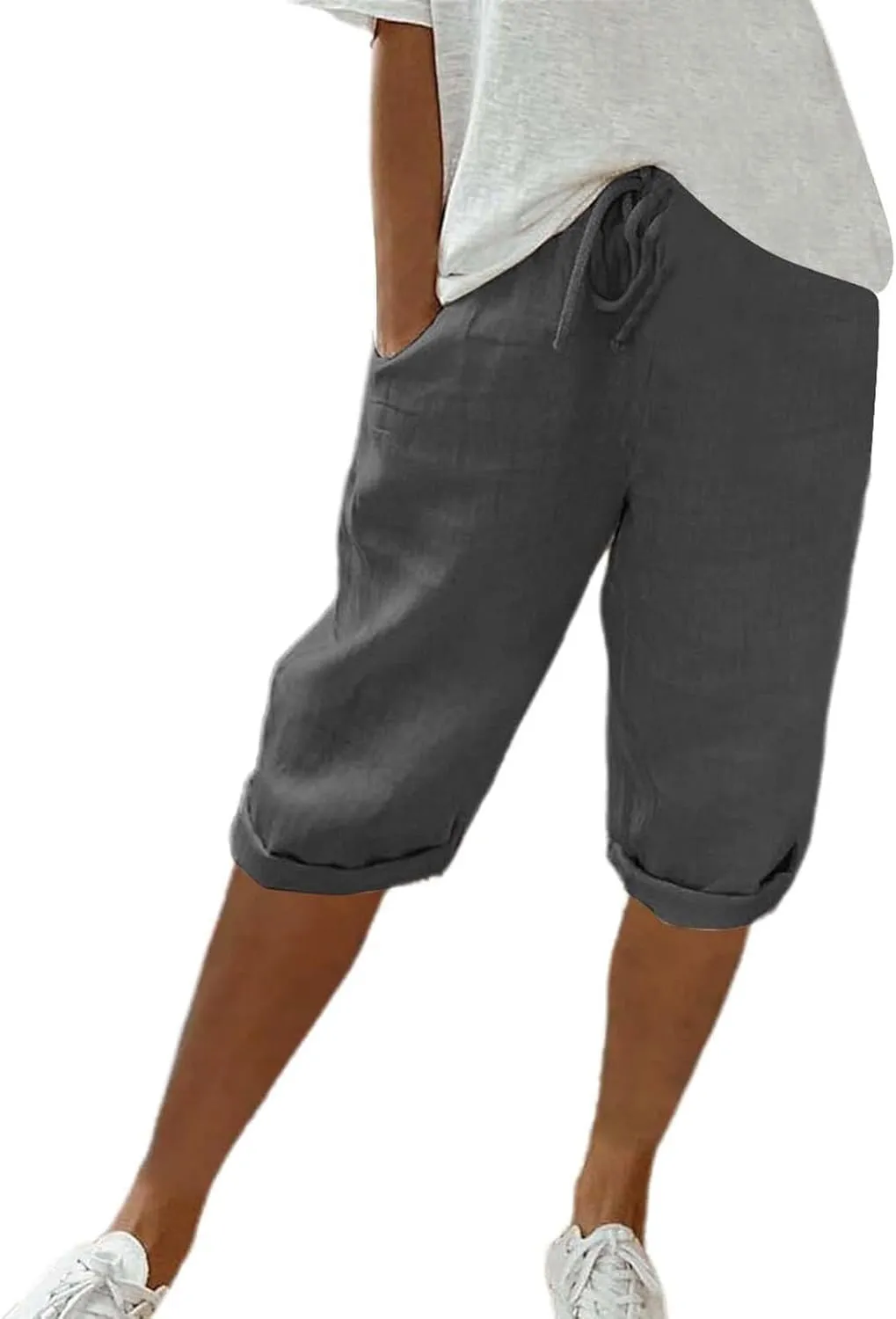Womens Linen Pants White Drawstring Summer Cotton Capri Pants for Women Stretch Loose Petite Short Capris Cargo