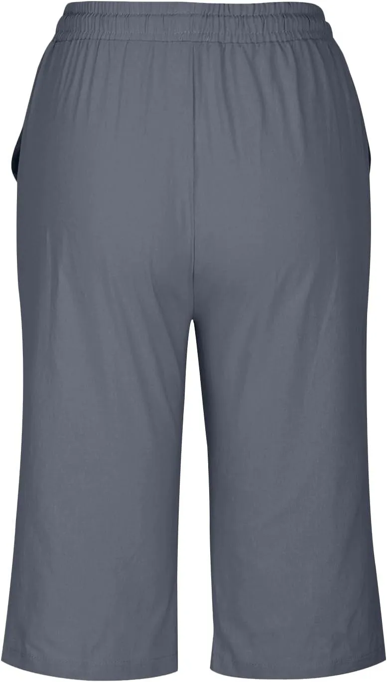 Womens Linen Pants White Drawstring Summer Cotton Capri Pants for Women Stretch Loose Petite Short Capris Cargo