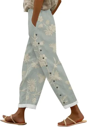 Womens Linen Pants with Pockets High Waist Boho Floral Print Comfy Gauze Pants Casual Lightweight Loose Trousers