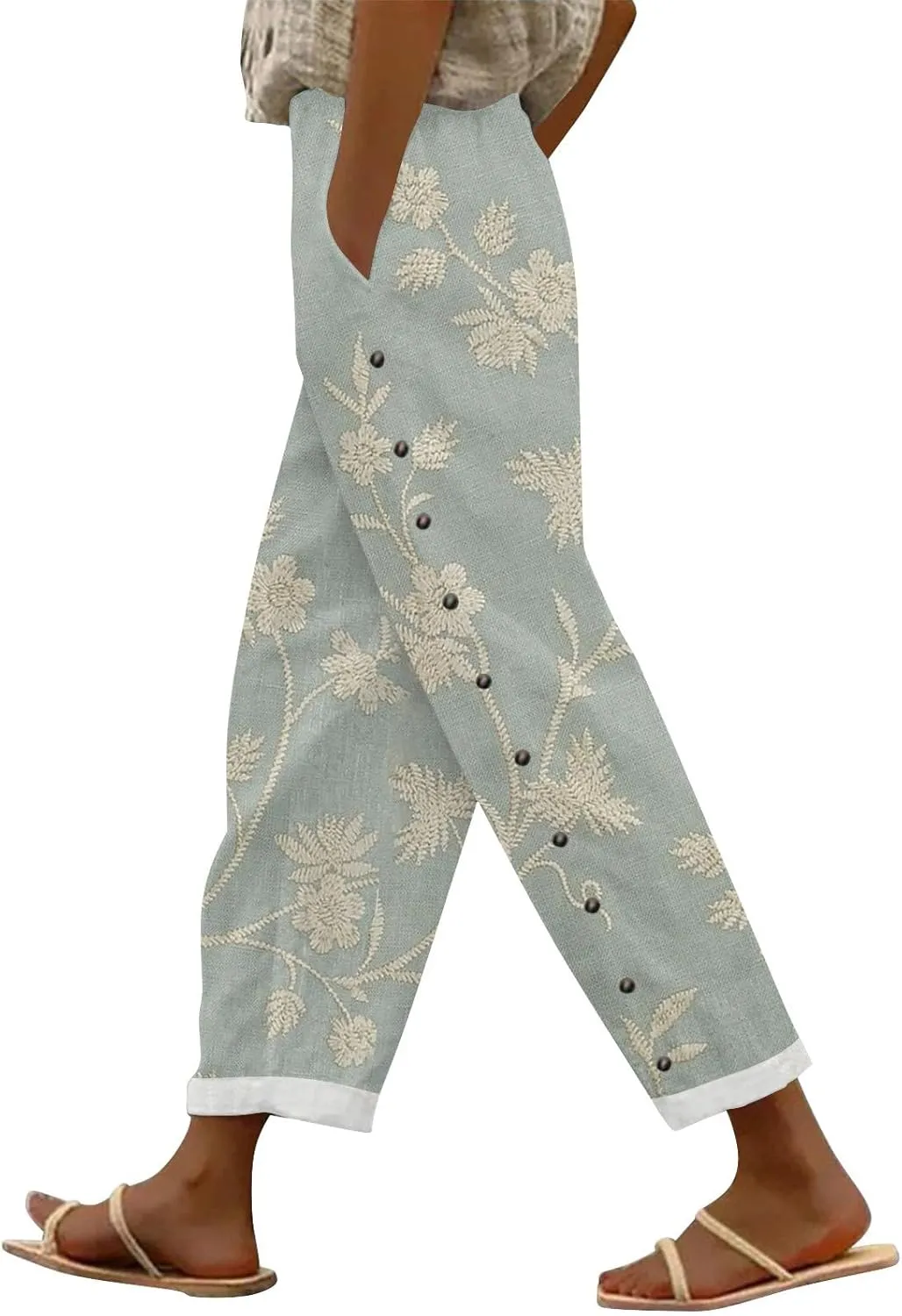 Womens Linen Pants with Pockets High Waist Boho Floral Print Comfy Gauze Pants Casual Lightweight Loose Trousers
