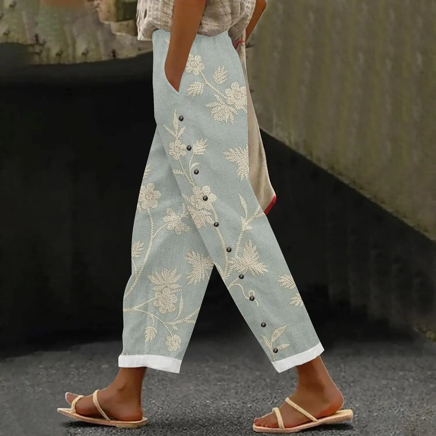 Womens Linen Pants with Pockets High Waist Boho Floral Print Comfy Gauze Pants Casual Lightweight Loose Trousers