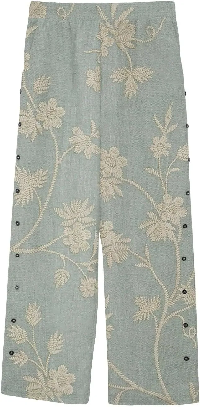 Womens Linen Pants with Pockets High Waist Boho Floral Print Comfy Gauze Pants Casual Lightweight Loose Trousers