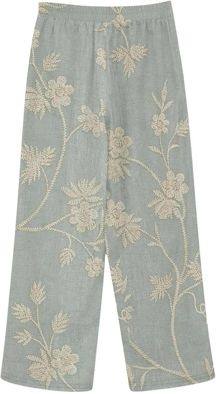 Womens Linen Pants with Pockets High Waist Boho Floral Print Comfy Gauze Pants Casual Lightweight Loose Trousers