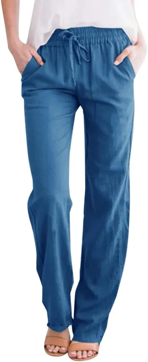 Women's Linen Pants Women's Relax Fit Linen Pants - Lightweight Summer Casual Trousers with Elastic Waist