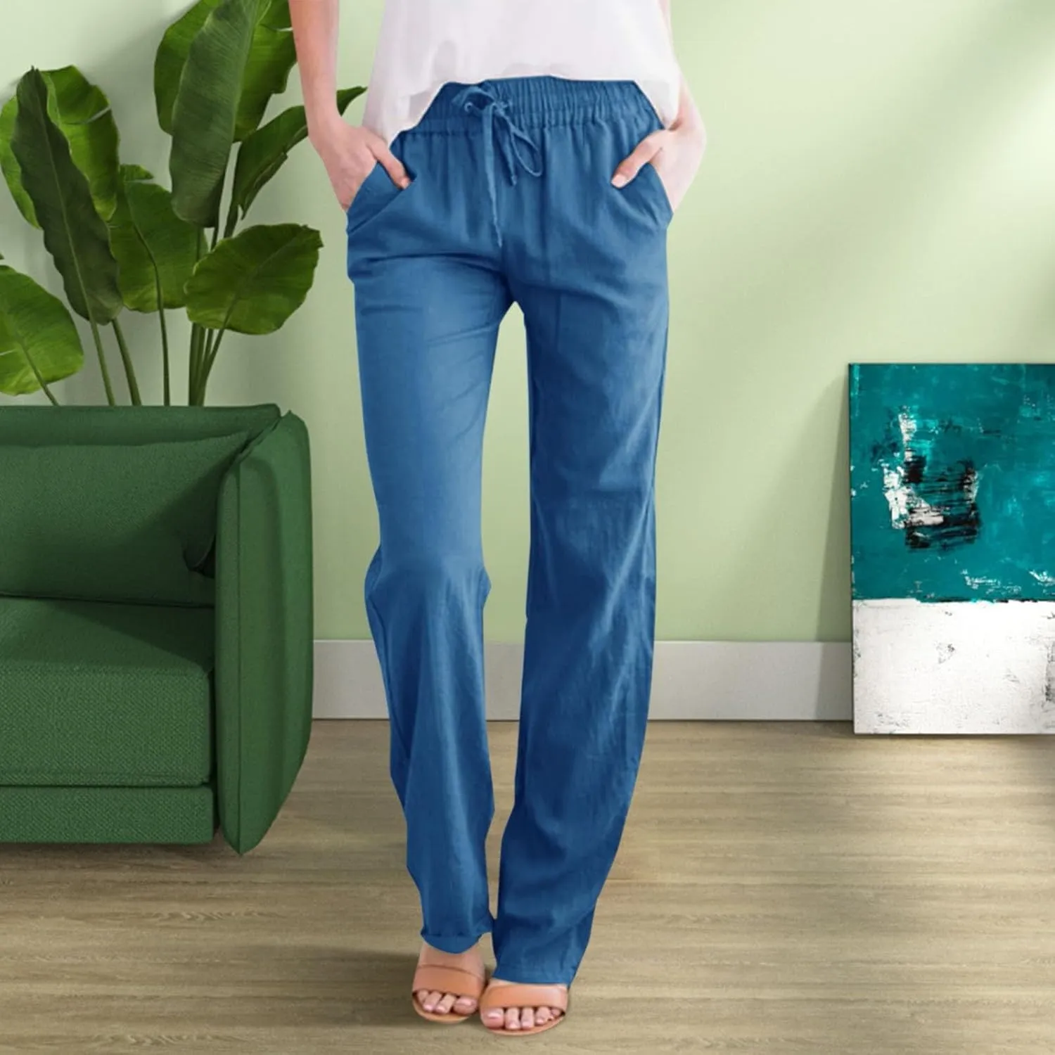 Women's Linen Pants Women's Relax Fit Linen Pants - Lightweight Summer Casual Trousers with Elastic Waist
