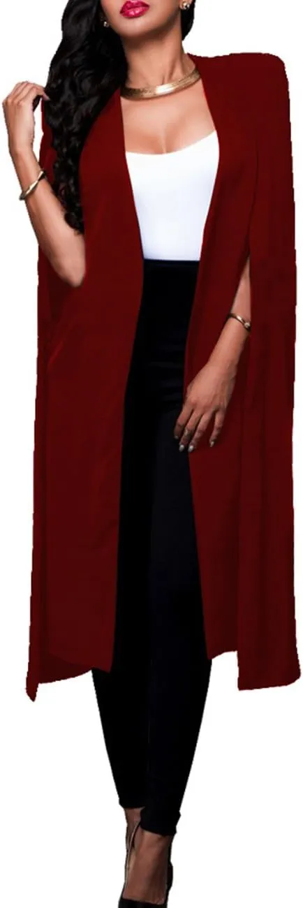 Women's Long Open Slit Sleeve Cloak Capes Jacket 4XXL Open Front Long Slit Blazer Cape Coat Plus Size