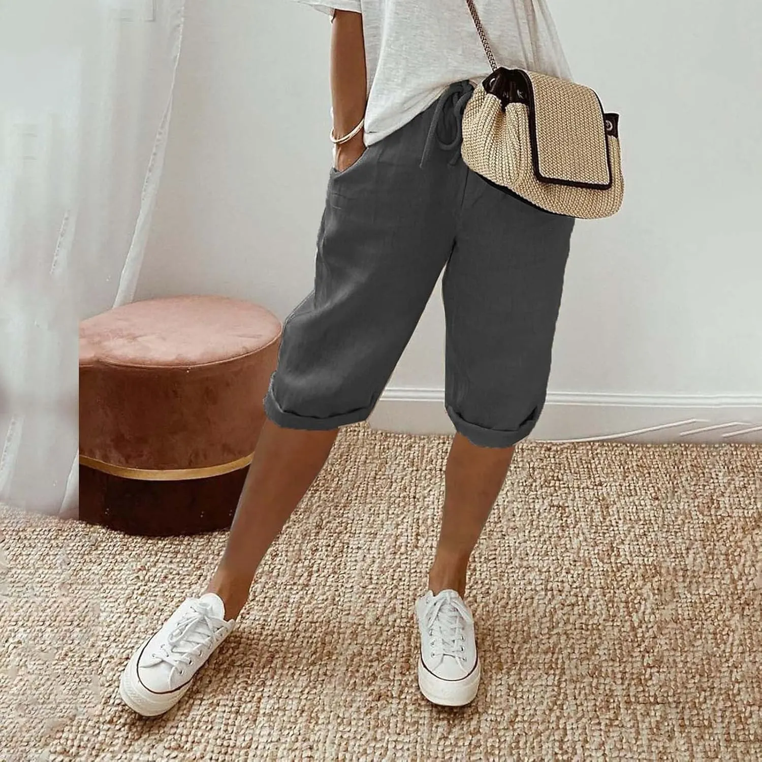 Women's Loose Linen Capris Adjustable Waist Wide Leg Cropped Trousers Beach Holidays Casual Pants with Pockets