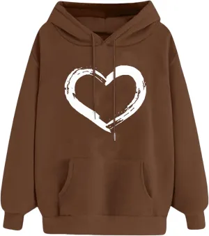 Womens Oversized Graphic Hoodies Casual Long Sleeve Heart Print Pullover Comfort Pocket Long Zip up Hoodie