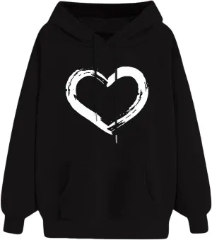 Womens Oversized Graphic Hoodies Casual Long Sleeve Heart Print Pullover Comfort Pocket Long Zip up Hoodie