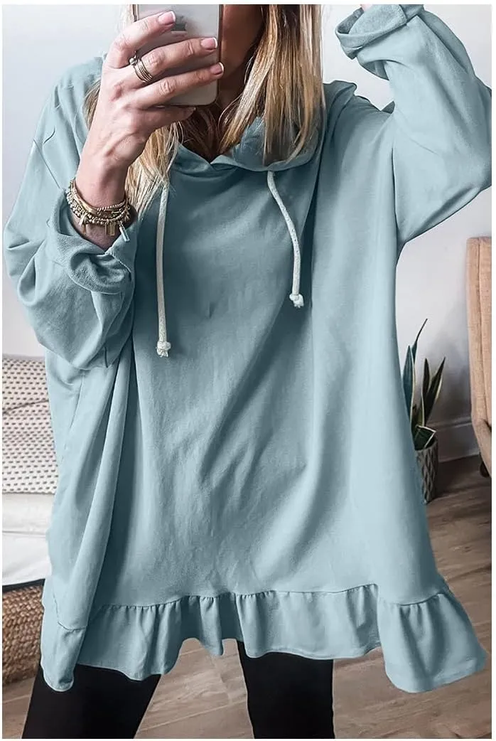 Womens Oversized Hoodies Cute Ruffle Trim Drawstring Hooded Sweatshirt Long Sleeve Pullover Tunic Sweatshirt