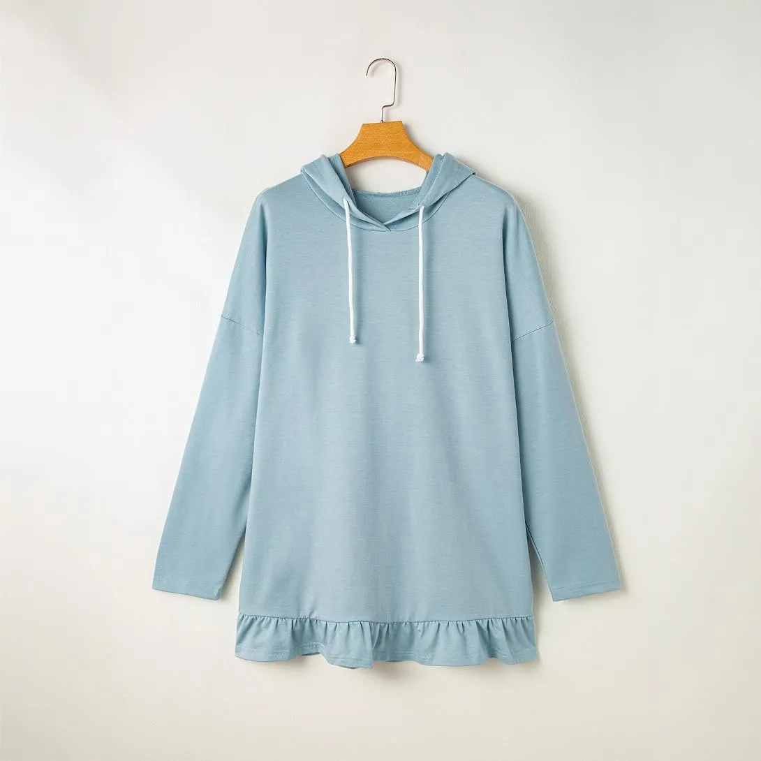 Womens Oversized Hoodies Cute Ruffle Trim Drawstring Hooded Sweatshirt Long Sleeve Pullover Tunic Sweatshirt