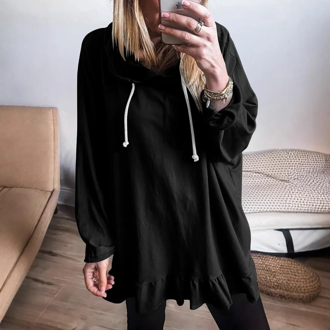 Womens Oversized Hoodies Cute Ruffle Trim Drawstring Hooded Sweatshirt Long Sleeve Pullover Tunic Sweatshirt