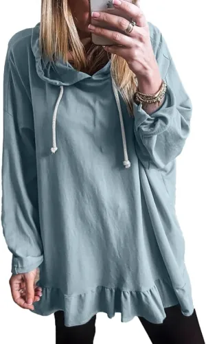 Womens Oversized Hoodies Cute Ruffle Trim Drawstring Hooded Sweatshirt Long Sleeve Pullover Tunic Sweatshirt