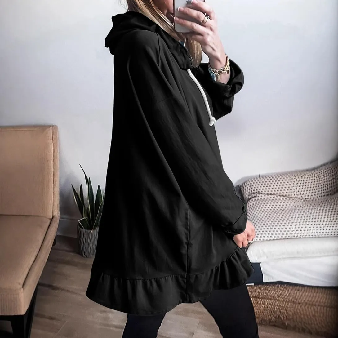Womens Oversized Hoodies Cute Ruffle Trim Drawstring Hooded Sweatshirt Long Sleeve Pullover Tunic Sweatshirt