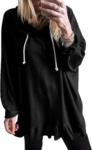 Womens Oversized Hoodies Cute Ruffle Trim Drawstring Hooded Sweatshirt Long Sleeve Pullover Tunic Sweatshirt