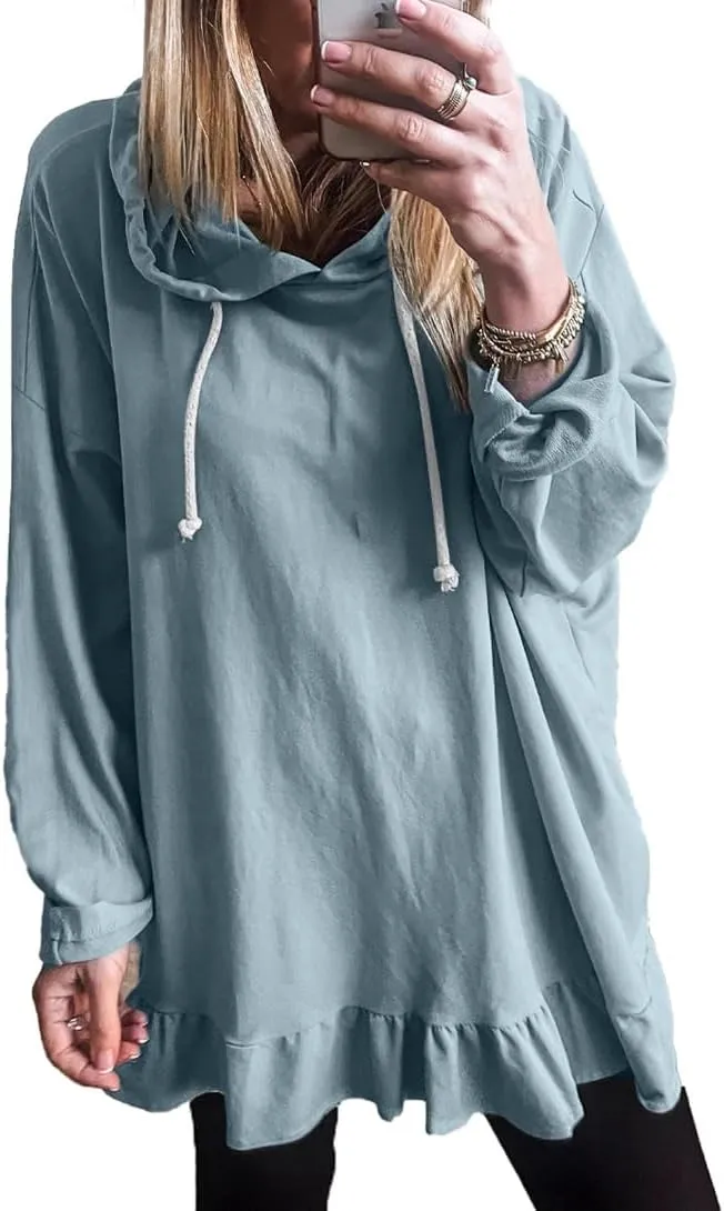 Womens Oversized Hoodies Cute Ruffle Trim Drawstring Hooded Sweatshirt Long Sleeve Pullover Tunic Sweatshirt