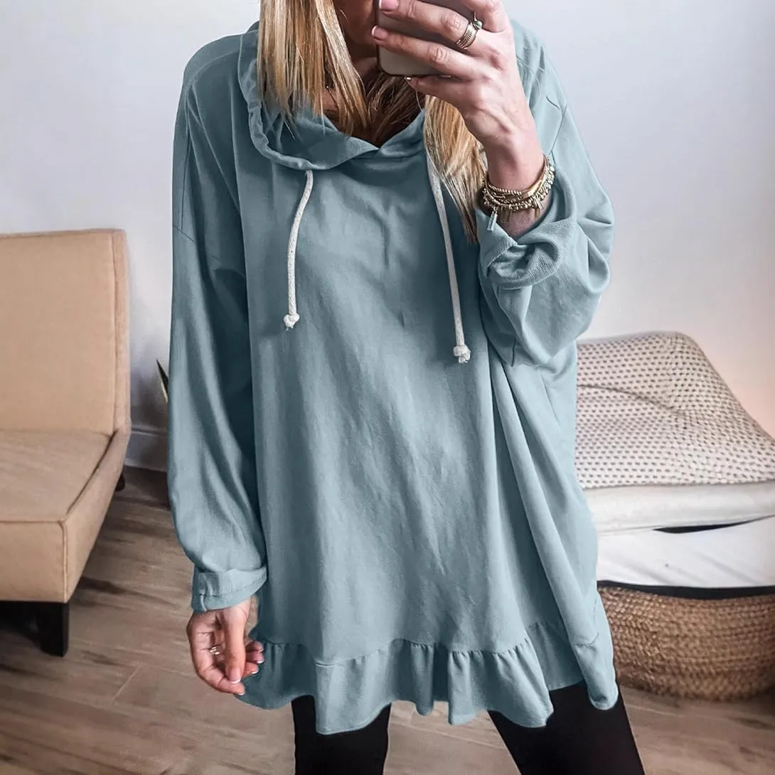 Womens Oversized Hoodies Cute Ruffle Trim Drawstring Hooded Sweatshirt Long Sleeve Pullover Tunic Sweatshirt