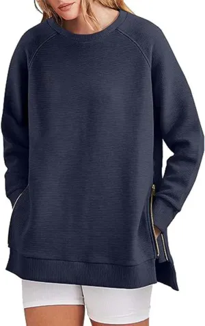 Womens Oversized Sweatshirt Crewneck Long Sleeve Tunic Pollover Side Zipper Hoodie Sweater 2024 Fall Clothes