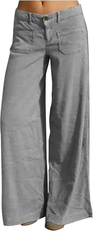 Womens Palazzo Trousers Plus Size Linen Pants Wide Leg Trousers High Elastic Waist Flowy Pants Culottes with Pockets