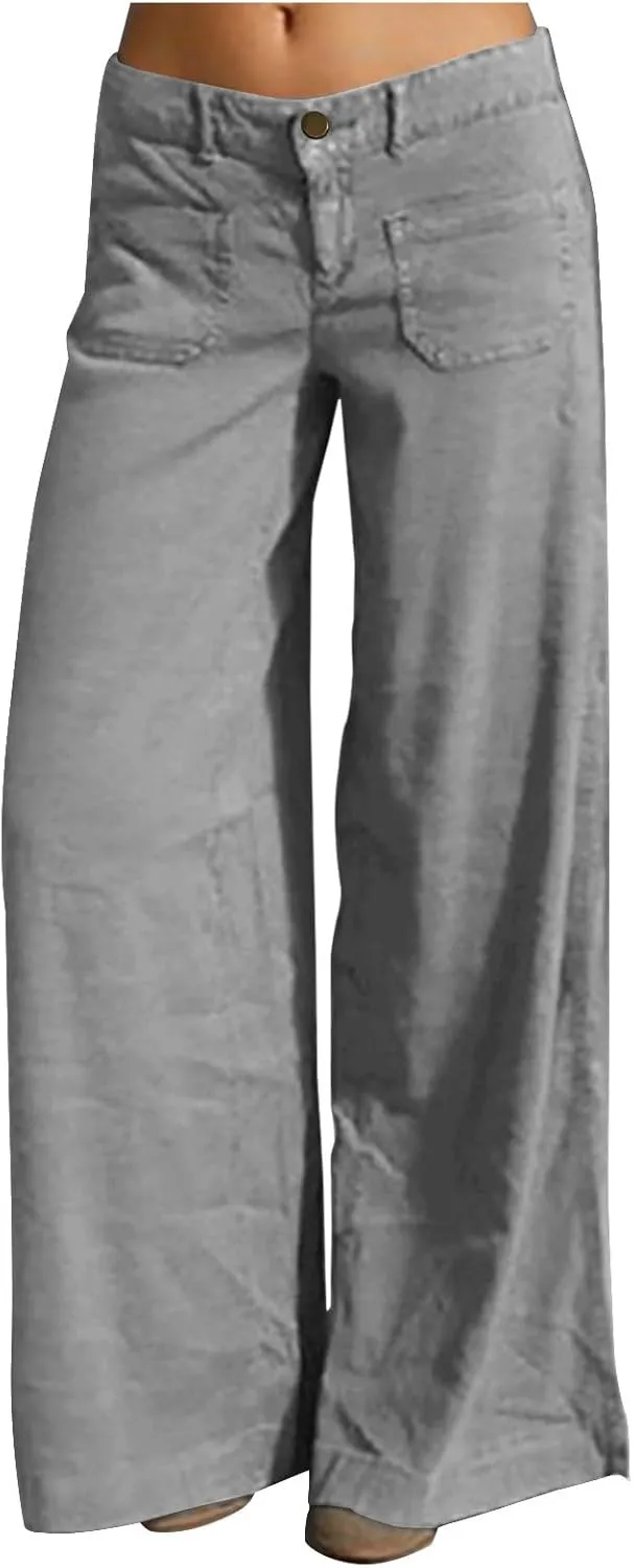Womens Palazzo Trousers Plus Size Linen Pants Wide Leg Trousers High Elastic Waist Flowy Pants Culottes with Pockets