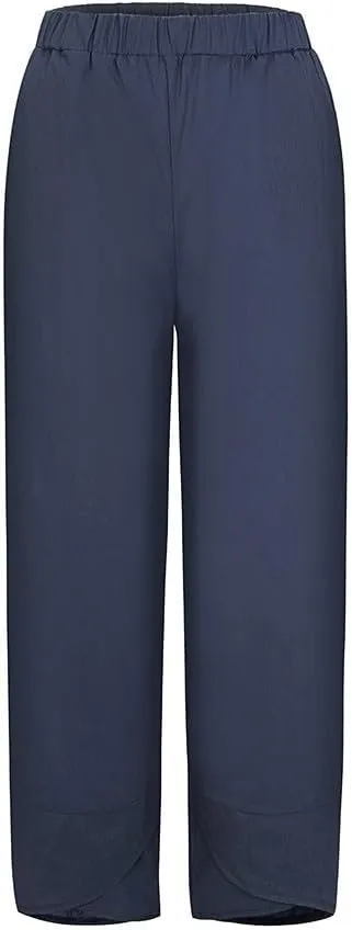 Womens Pants Casual Cotton Linen Plus Size Elastic Waist Capris Summer Loose Lightweight Cropped Pants with Pockets