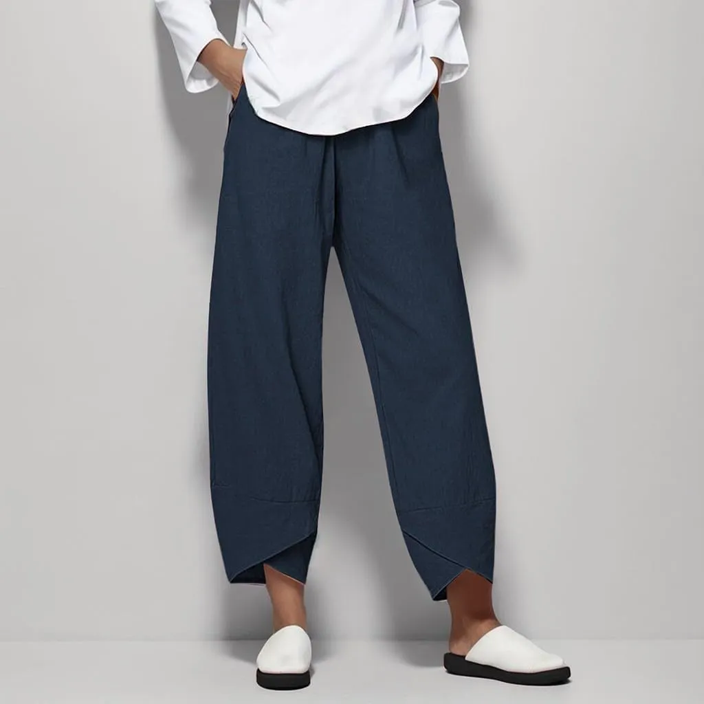 Womens Pants Casual Cotton Linen Plus Size Elastic Waist Capris Summer Loose Lightweight Cropped Pants with Pockets