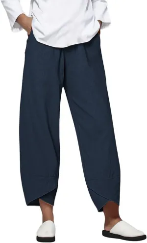 Womens Pants Casual Cotton Linen Plus Size Elastic Waist Capris Summer Loose Lightweight Cropped Pants with Pockets