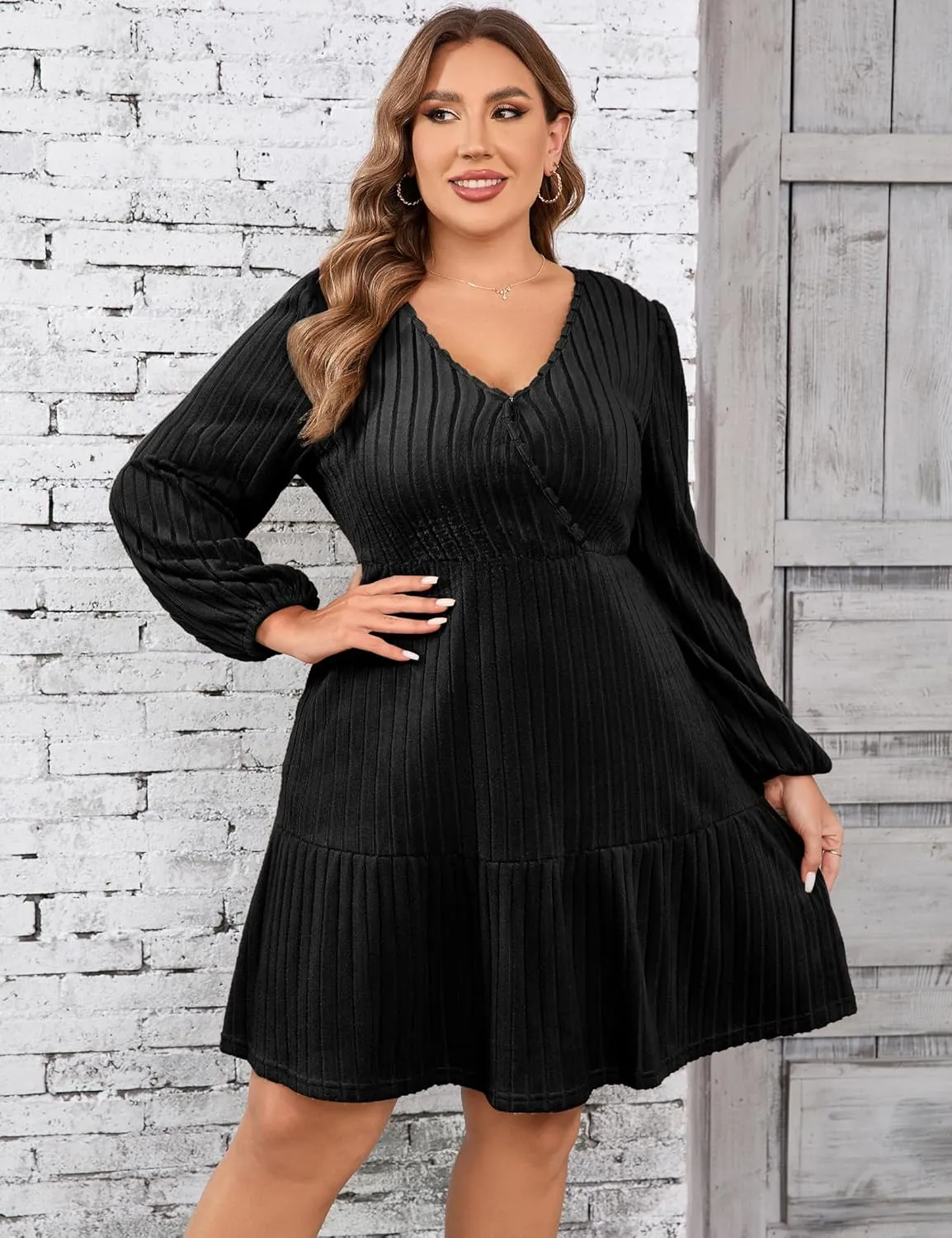 Women's Plus Size Casual Sweater Dress Square Neck Long Lantern Sleeve Tie Waist Loose Pullover Sweater Dresses