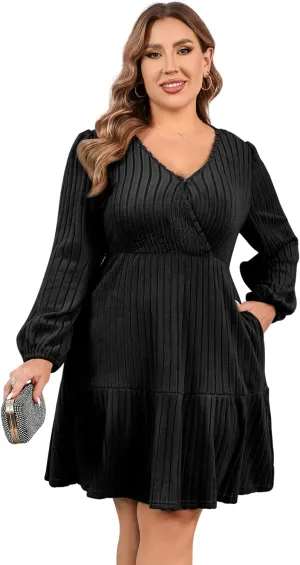 Women's Plus Size Casual Sweater Dress Square Neck Long Lantern Sleeve Tie Waist Loose Pullover Sweater Dresses