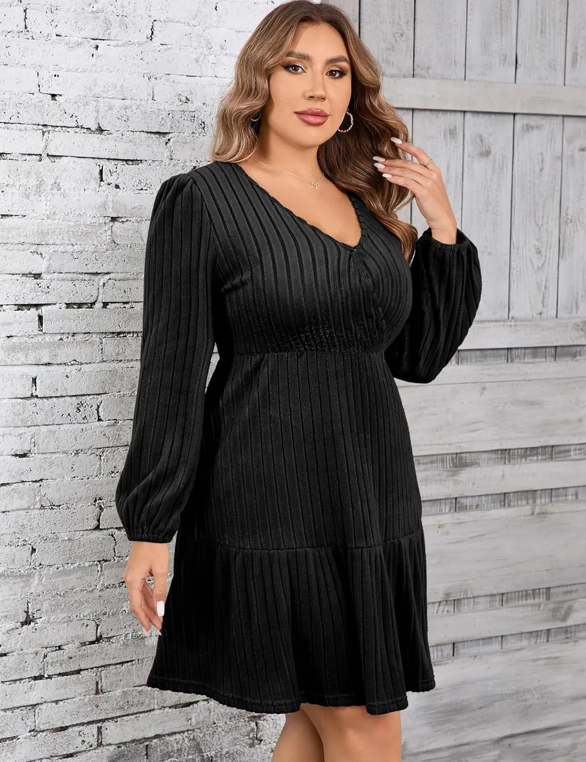 Women's Plus Size Casual Sweater Dress Square Neck Long Lantern Sleeve Tie Waist Loose Pullover Sweater Dresses