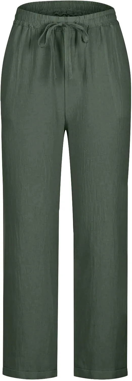 Women's Plus Size Linen Blend Pants Wide Straight Leg Trousers Comfy Casual Lounge Pants Women Lightweight Trousers