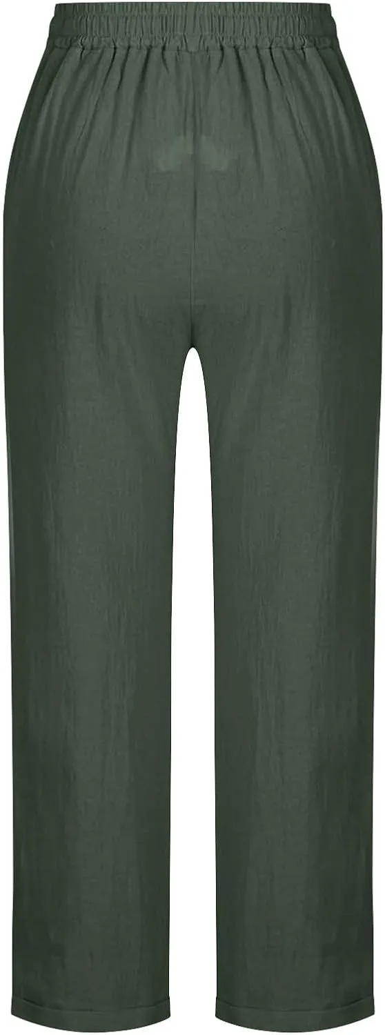 Women's Plus Size Linen Blend Pants Wide Straight Leg Trousers Comfy Casual Lounge Pants Women Lightweight Trousers