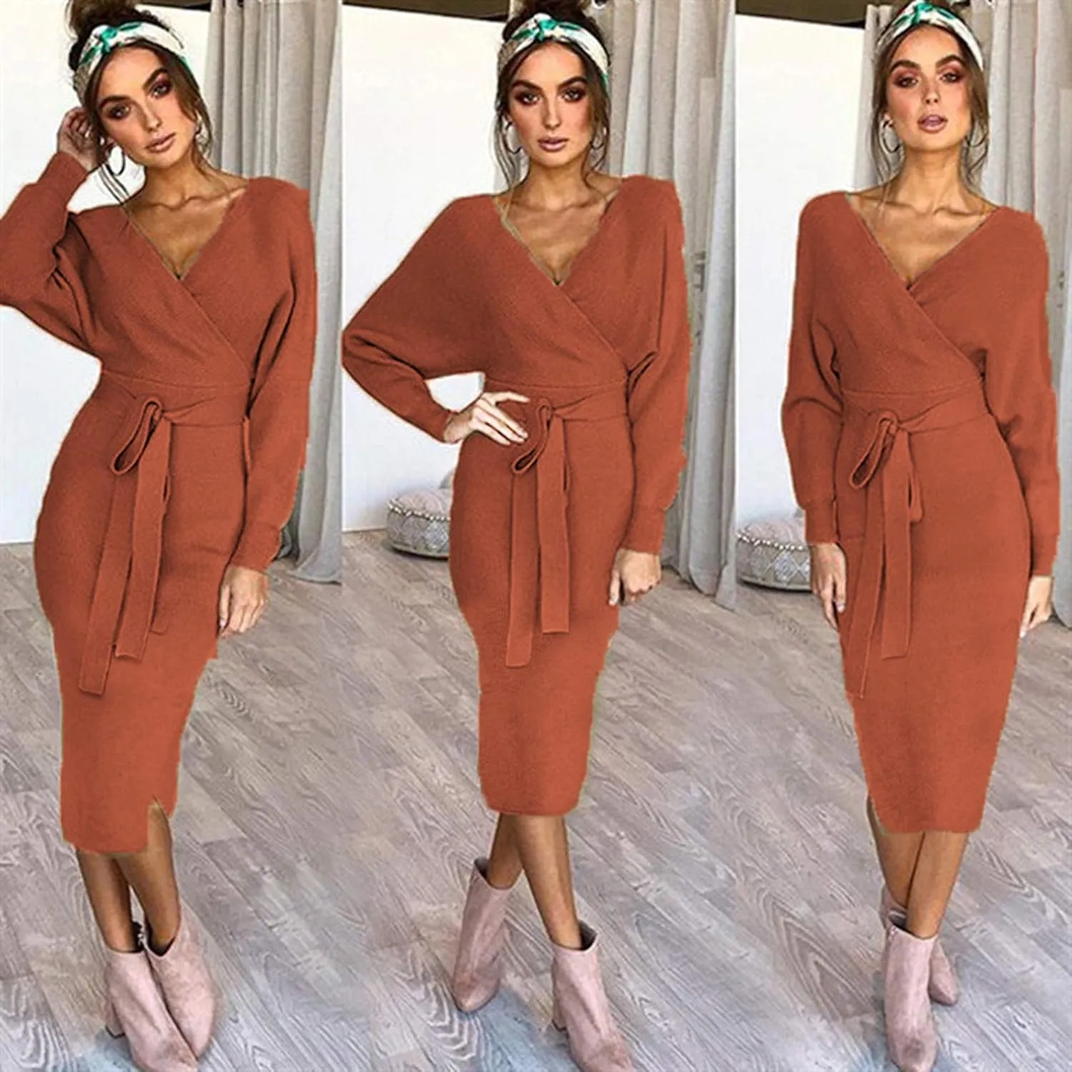 Women's Sexy Cocktail Batwing Long Sleeve Wrap Knit Sweater Dress Fashion V Neck Bodycon Pencil Midi Dresses