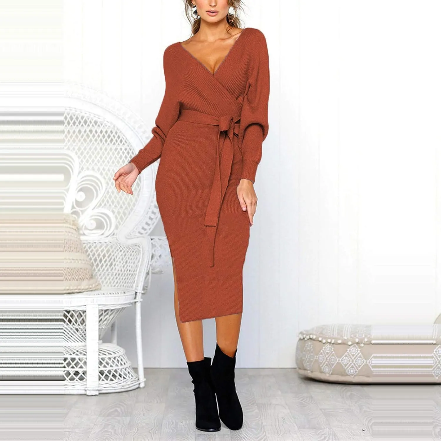 Women's Sexy Cocktail Batwing Long Sleeve Wrap Knit Sweater Dress Fashion V Neck Bodycon Pencil Midi Dresses